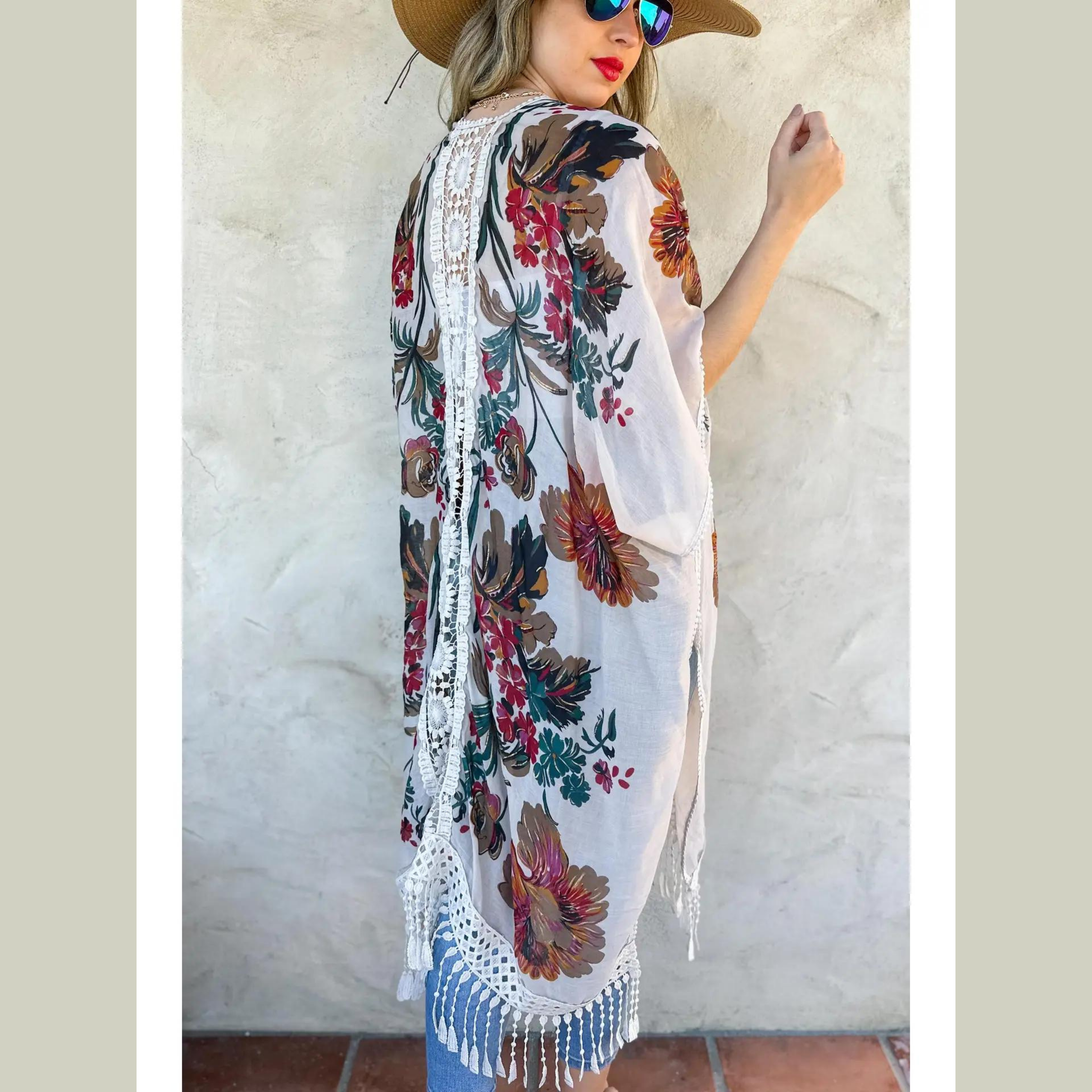 White Floral Print Lace Detail Tassel Bottom Kimono Cardigan